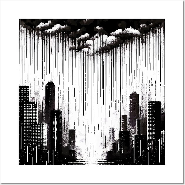 Abstract Art Monochromatic City in Rain Drops Pattern Wall Art by TomFrontierArt